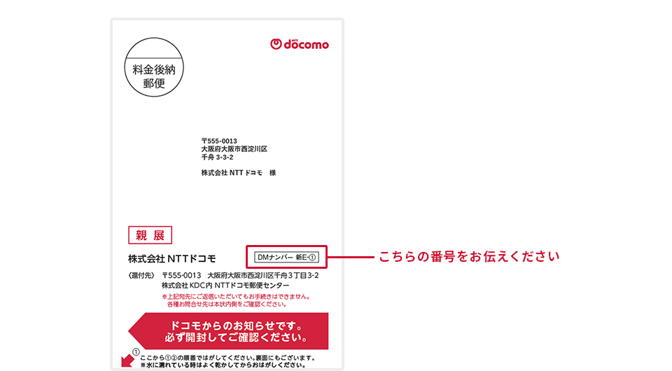 お問い合わせの際は、はがき表面中央右側に記載のDMナンバーをお伝えください。