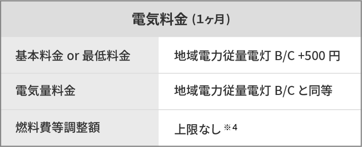電気料金（1ヶ月） 基本料金or最低料金：地域電力従量電灯 B/C +500円 電気量料金：地域電力従量電灯 B/Cと同等 燃料費等調整額：上限なし
