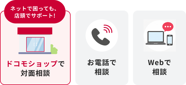 ネットで困っても、店頭でサポート！ ドコモショップで対面相談／お電話で相談／Webで相談
